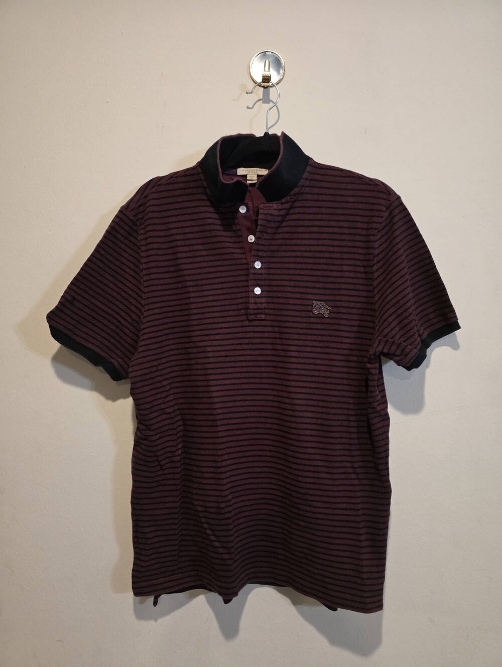 Burberry Brit Men's Burgundy Black Striped Short Sleeve Polo Shirt Size XL